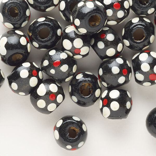 Bead, wood (dyed), pkg/25, black/red/white, 10x8mm rondelle with painted flower. image number 0