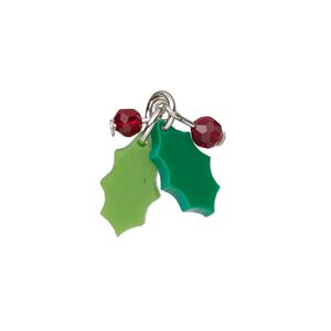 Component, acrylic and glass, green and red, 18.5x11mm holly. Sold per pkg of 4.