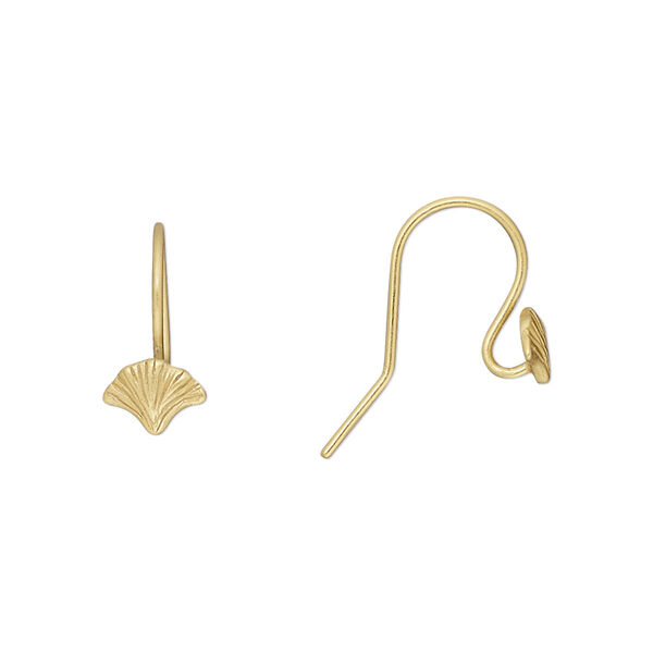 Ear wire, Amoracast®, satin-finished "vermeil", 14mm fishhook with ginkgo leaf and open loop, 20 gauge. Sold per pair. image number 0