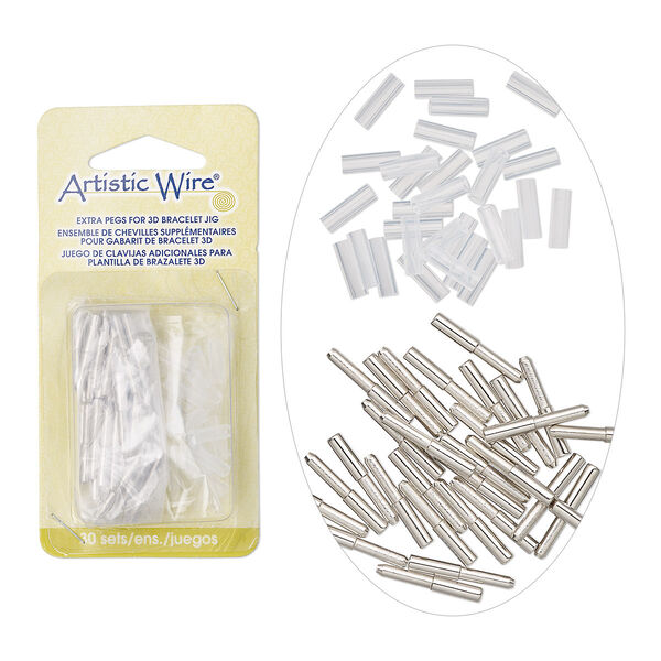 3D bracelet jig pegs, Beadalon® Artistic Wire®, steel and plastic, clear, (30) 23x3mm pegs and (30) 12x4mm fasteners. Sold per 60-piece set. image number 0