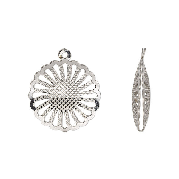 Drop, stainless steel, 18mm double-sided domed round with textured cut-out sun design. Sold per pkg of 6. image number 0