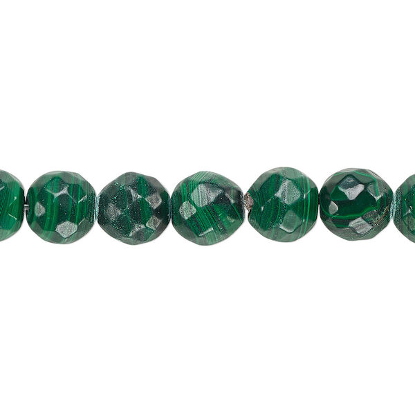 Bead, malachite (natural), 10mm faceted round, B grade, Mohs hardness 3-1/2 to 4. Sold per 8-inch strand, approximately 20 beads. image number 0