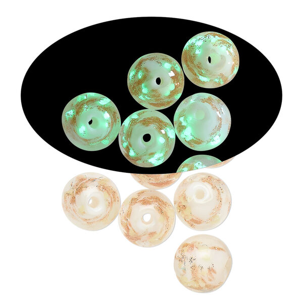 Bead, lampworked glass, clear /opaque white/ glow-in-the-dark / gold, 8mm round. Sold per pkg of 6. image number 0