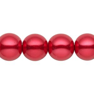 Bead, crystal pearl, red, 13-14mm round. Sold per 15-1/2" to 16" strand, approximately 25 beads.