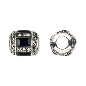 Marcasite / black onyx / sterling silver 1pkg1, round tube bead 15x13mm