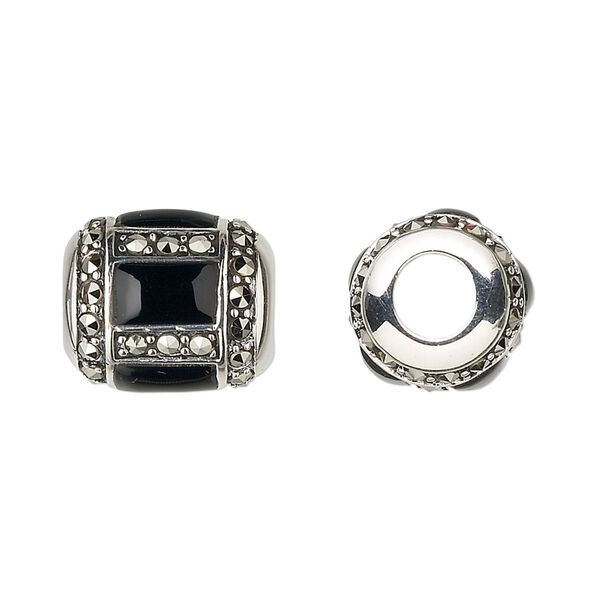 Marcasite / black onyx / sterling silver 1pkg1, round tube bead 15x13mm image number 0