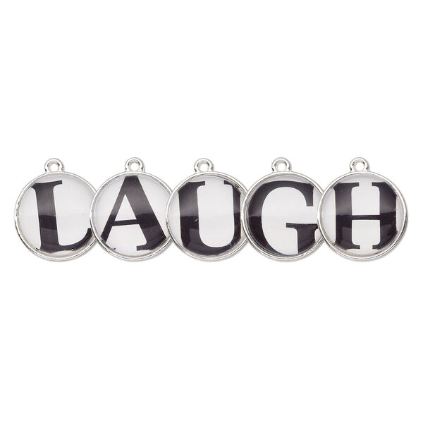 Drop, silver-finished "pewter" (zinc-based alloy) and plastic, black and white, 20mm single-sided domed flat round with "LAUGH." Sold per 5-piece set. image number 0