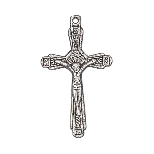 Focal, antique silver-plated "pewter" (zinc-based alloy), 32x20mm single-sided crucifix with "bless and save" in Russian on back. Sold per pkg of 10. image number 0
