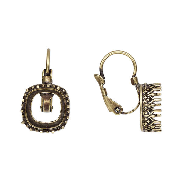 Ear wire, JBB Findings, antique brass-plated brass, 20mm leverback with open back and 10mm cushion bezel setting. Sold per pair. image number 0