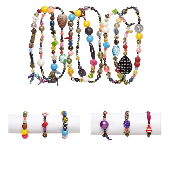 Necklace and bracelet mix, stretch, acrylic, multicolored, 5mm-50x49mm mixed shapes. Sold per pkg of 6. image number 0