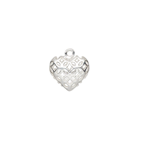 Charm, sterling silver, 12x11mm double-sided hollow filigree puffed heart. Sold individually. image number 0