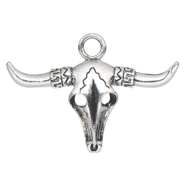 Focal, antique silver-plated "pewter" (zinc-based alloy), 49x28mm single-sided bull skull. Sold per pkg of 4. image number 0