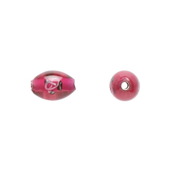 Bead, Czech lampworked glass, opaque red / pink / green, 9x6mm-10x7mm olive with flower design. Sold per pkg of 4. image number 0