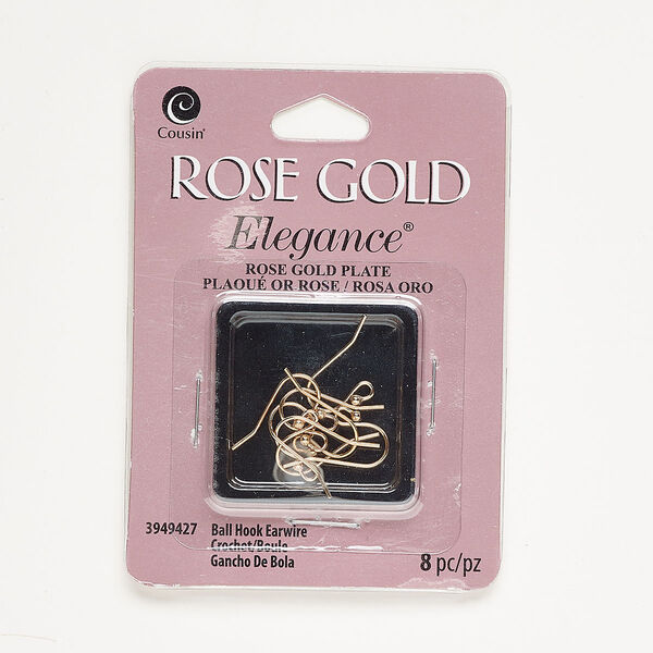 Ear wire, rose gold-plated copper, 12mm with 2mm ball, 21 gauge. Sold per pkg of 4 pairs. image number 0
