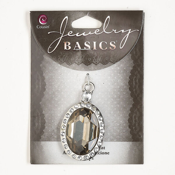 Focal, silver-finished "pewter" (zinc-based alloy) and glass, olive and clear, 43x28mm oval. Sold individually. image number 0