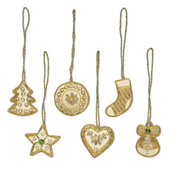 Ornament mix, velveteen / glass pearl / nylon / gold-finished copper, off-white / white / green, 41x40mm-44x36mm assorted double-sided Christmas shapes. Sold per 6-piece set. image number 0