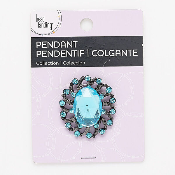 Focal, Bead Landing™, plastic / glass rhinestone / gunmetal-finished "pewter" (zinc-based alloy), blue, 39x35mm fancy oval with hidden bail. Sold individually. image number 0