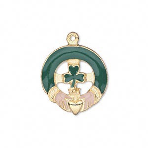 Charm, gold-finished "pewter" (zinc-based alloy) and enamel, green and peach, 21x20mm single-sided Claddagh with 3-leaf clover. Sold individually. image number 0