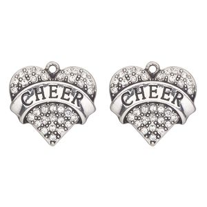 Charm, antique silver-finished "pewter" (zinc-based alloy) and glass, clear, 24x23mm heart with "cheer". Sold per pkg of 2.