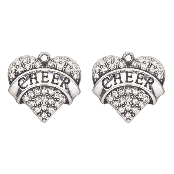 Charm, antique silver-finished "pewter" (zinc-based alloy) and glass, clear, 24x23mm heart with "cheer". Sold per pkg of 2. image number 0