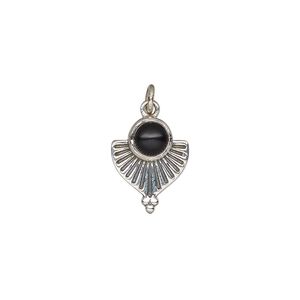Black onyx / sterling silver 1pkg1, antiqued fan drop 14x11.5mm