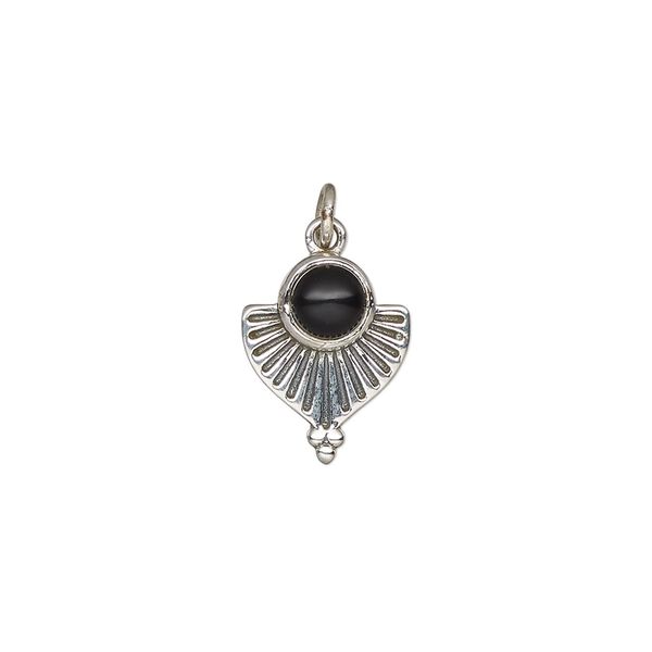 Black onyx / sterling silver 1pkg1, antiqued fan drop 14x11.5mm image number 0