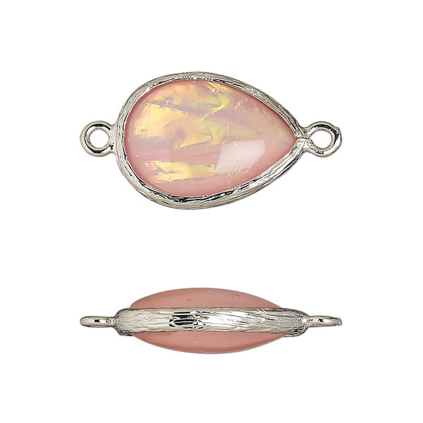 Link, Opalized Ice™, "opal" (resin) and imitation rhodium-finished brass, opaque light pink, 19.5x15mm double-sided teardrop. Sold per pkg of 4. image number 0
