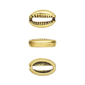 Component, antique gold-finished pewter (tin-based alloy), 12x8mm two-sided cowrie. Sold per pkg of 20.