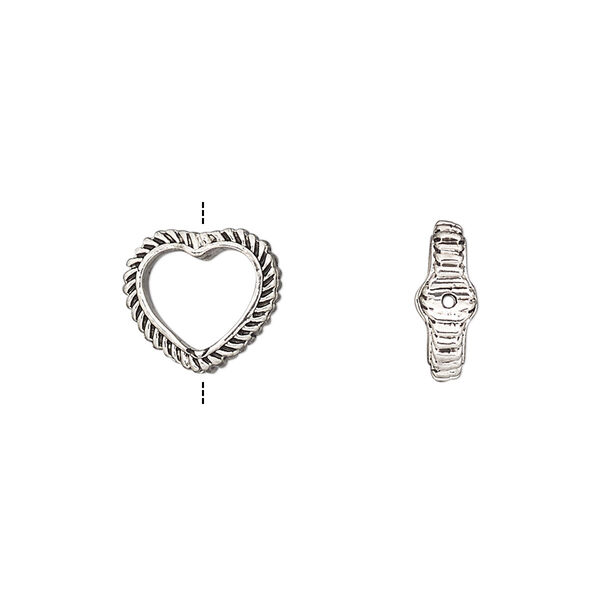 Bead frame, antique silver-finished "pewter" (zinc-based alloy), 12x10.5mm open heart with rope edge, fits up to 8mm bead. Sold per pkg of 2. image number 0