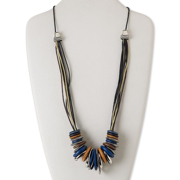 Necklace, stained wood / waxed cotton cord / plastic, multicolored, multi-shape, 16-28 inches with macramé knot closure, adjustable. Sold individually. image number 0