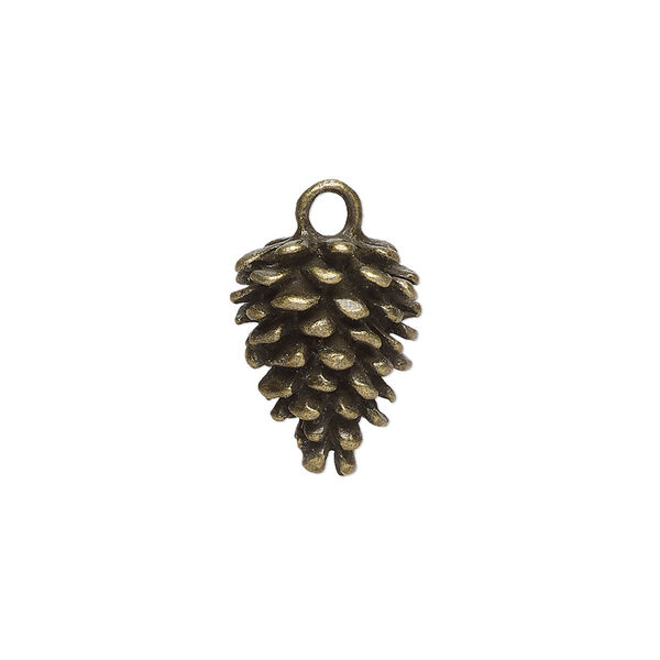 Charm, antique brass-finished "pewter" (zinc-based alloy), 16x12.5mm 3D pinecone. Sold per pkg of 4. image number 0