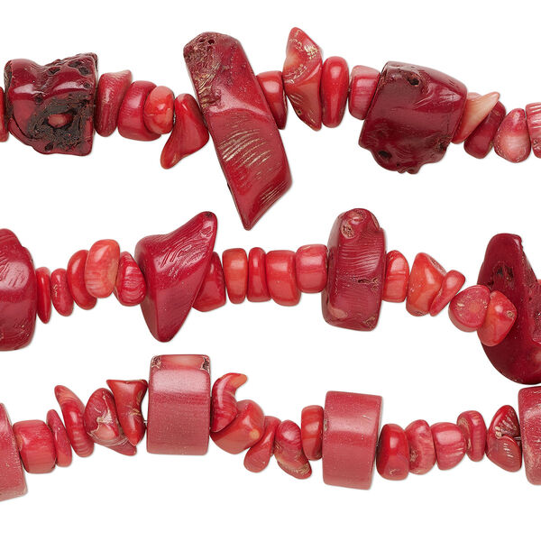 Bead mix, bamboo coral (dyed), light to dark red, 17x8mm-35x17mm vertebrae and medium to extra-large chip, C grade, Mohs hardness 3-1/2 to 4. Sold per pkg of (3) 8-inch strands. image number 0