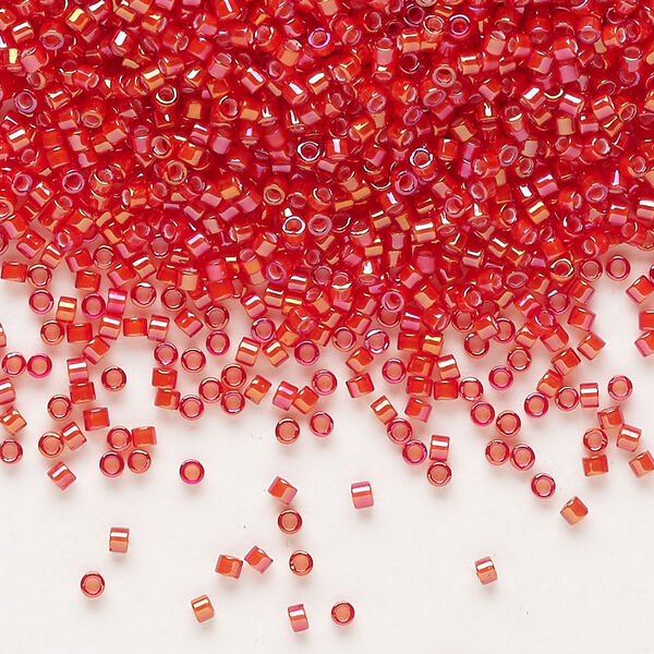 Seed bead, Delica®, glass, pkg/7.5g, #11 round, opaque white-lined luster flame red (DB-1780). image number 0