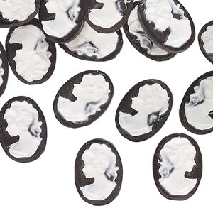 Cameo, acrylic, black and white, 14x10mm non-calibrated oval with lady in profile. Sold per pkg of 50.
