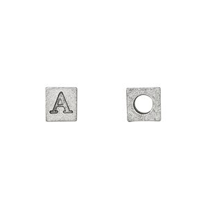 Bead, antiqued pewter (tin-based alloy), 7mm cube with Greek letter, ALPHA. Sold per pkg of 4.