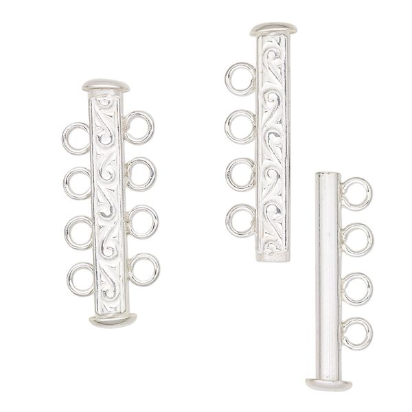 Clasp, JBB Findings, 4-strand slide lock, sterling silver, 27x6mm tube with filigree pattern. Sold individually. image number 0