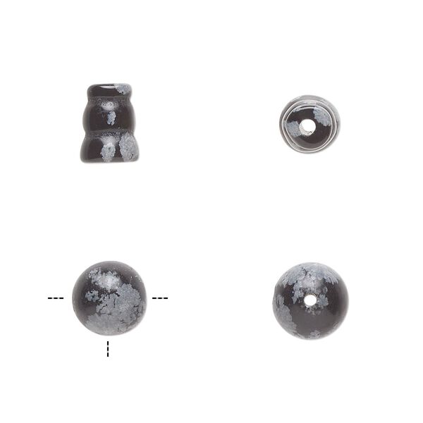 Snowflake obsidian 2pkg2, T-drilled round / cone bead natural 8mm / 8x5mm-9x6mm image number 0