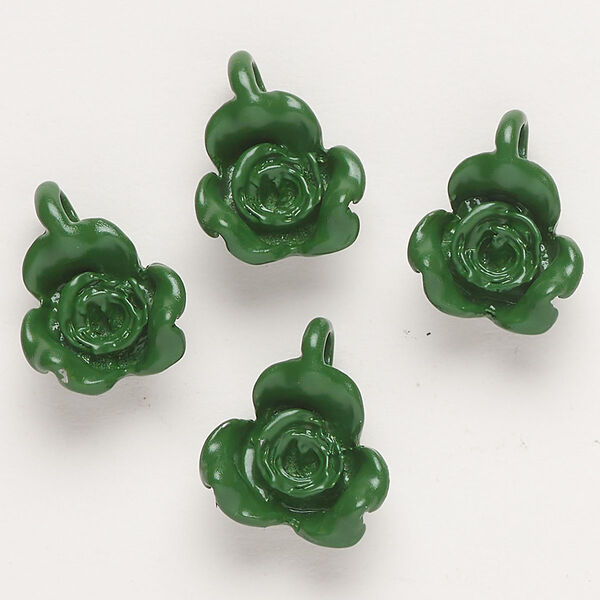 Charm, "pewter" (zinc-based alloy) and enamel, dark green, 17x13mm flower. Sold per pkg of 4. image number 0