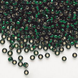 Seed bead, Miyuki, glass, pkg/250g, #8 rocaille, transparent silver-lined emerald (RR-27).