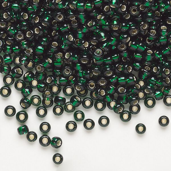 Seed bead, Miyuki, glass, pkg/250g, #8 rocaille, transparent silver-lined emerald (RR-27). image number 0