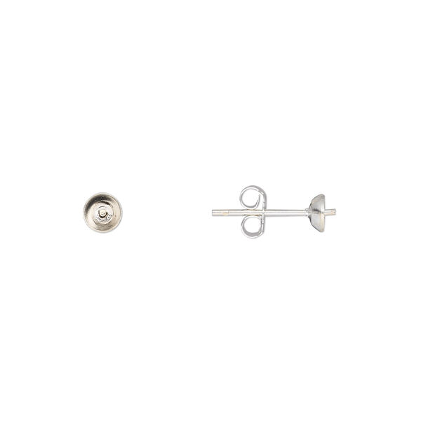 Earstud, sterling silver, 4mm cup with peg, fits 4-6mm half-drilled bead. Sold per pkg of 5 pair. image number 0