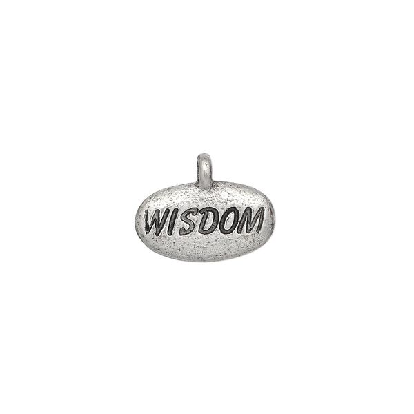 Charm, pewter (tin-based alloy), pkg/1, antiqued silver, 15x9mm pebble with "WISDOM." image number 0