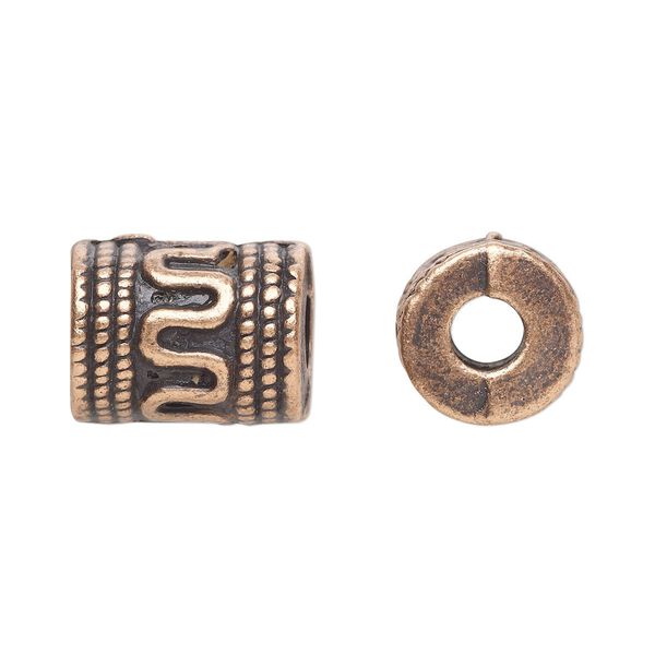 Bead, antique copper-plated "pewter" (zinc-based alloy), 13x10mm fancy cylinder. Sold per pkg of 20. image number 0