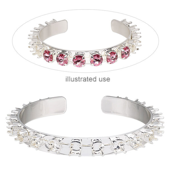 Bracelet, cuff, silver-plated brass, 9mm wide cupchain with (18) SS29 settings, adjustable from 7-1/2 to 8-1/2 inches. Sold individually. image number 0