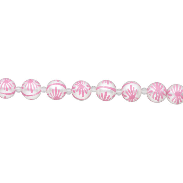 Bead, glass 1pkg8, opaque white and pink, 14mm hand-painted round. image number 1