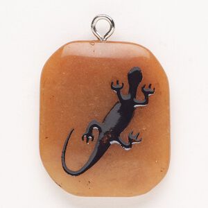 Focal, steel/red aventurine (natural)/enamel, pkg/1, silver finish and black, 30x24mm-39x27mm single-sided puffed freeform with salamander, B grade.