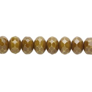 Bead, Czech fire-polished glass, opaque olive with vividi finish and snake pattern, 9x6mm faceted rondelle. Sold per 6-1/2-inch strand, approximately 25 beads.