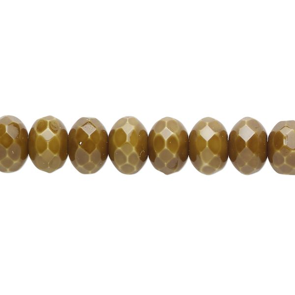 Bead, Czech fire-polished glass, opaque olive with vividi finish and snake pattern, 9x6mm faceted rondelle. Sold per 6-1/2-inch strand, approximately 25 beads. image number 0