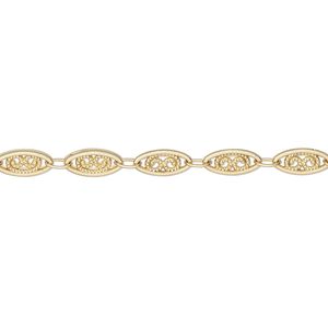 Chain, gold-finished "pewter" (zinc-based alloy), 4mm filigree. Sold per pkg of 5 feet.