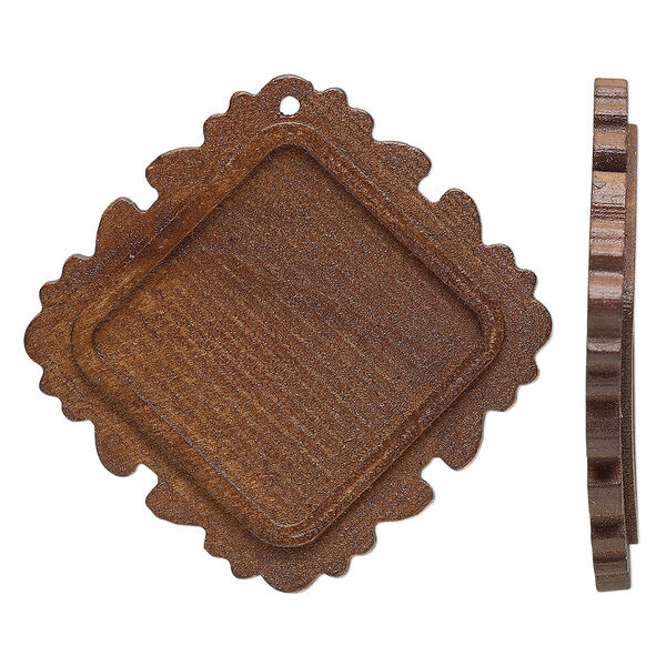 Focal, stained Japanese pagoda wood, dark brown, 47x46mm single-sided top-drilled diamond with 25mm non-calibrated square glue-in setting. Sold per pkg of 8. image number 0